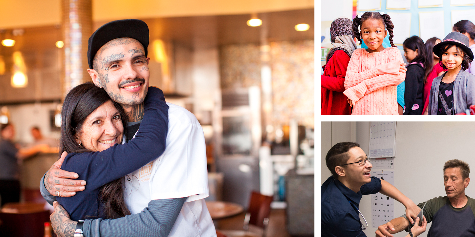 Professor embraces former gang member. UCLA Community School students smile. Doctor treats homeless man.